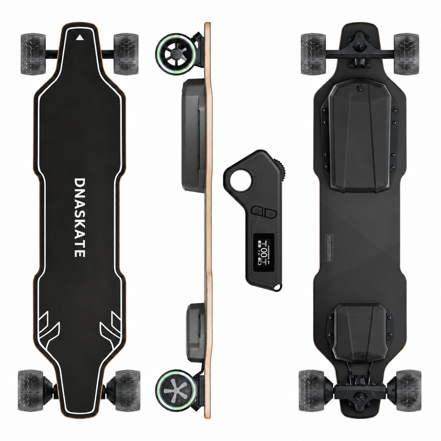 DNASKATE V4 top, side, bottom views and remote