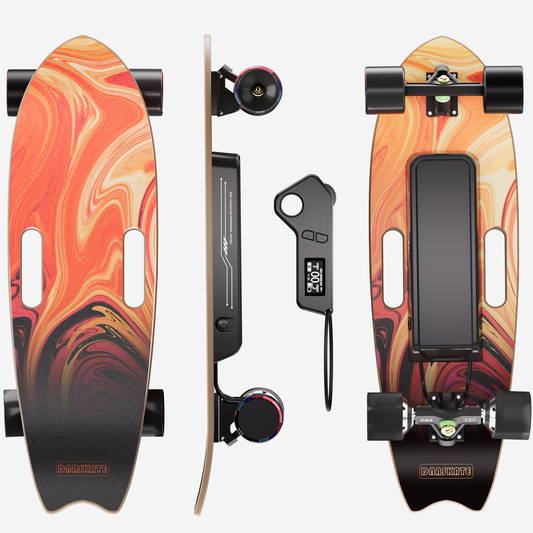 DNASKATE M10 electric skateboard, front, side and underside views