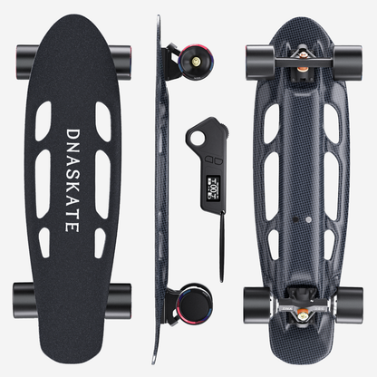 DNASKATE M2S/PRO electric skateboard, front, side and underside views