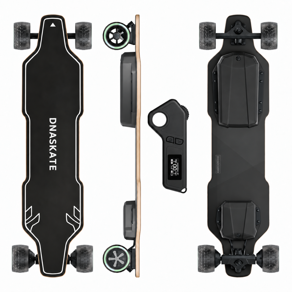 DNASKATE V4 top, side, bottom views and remote